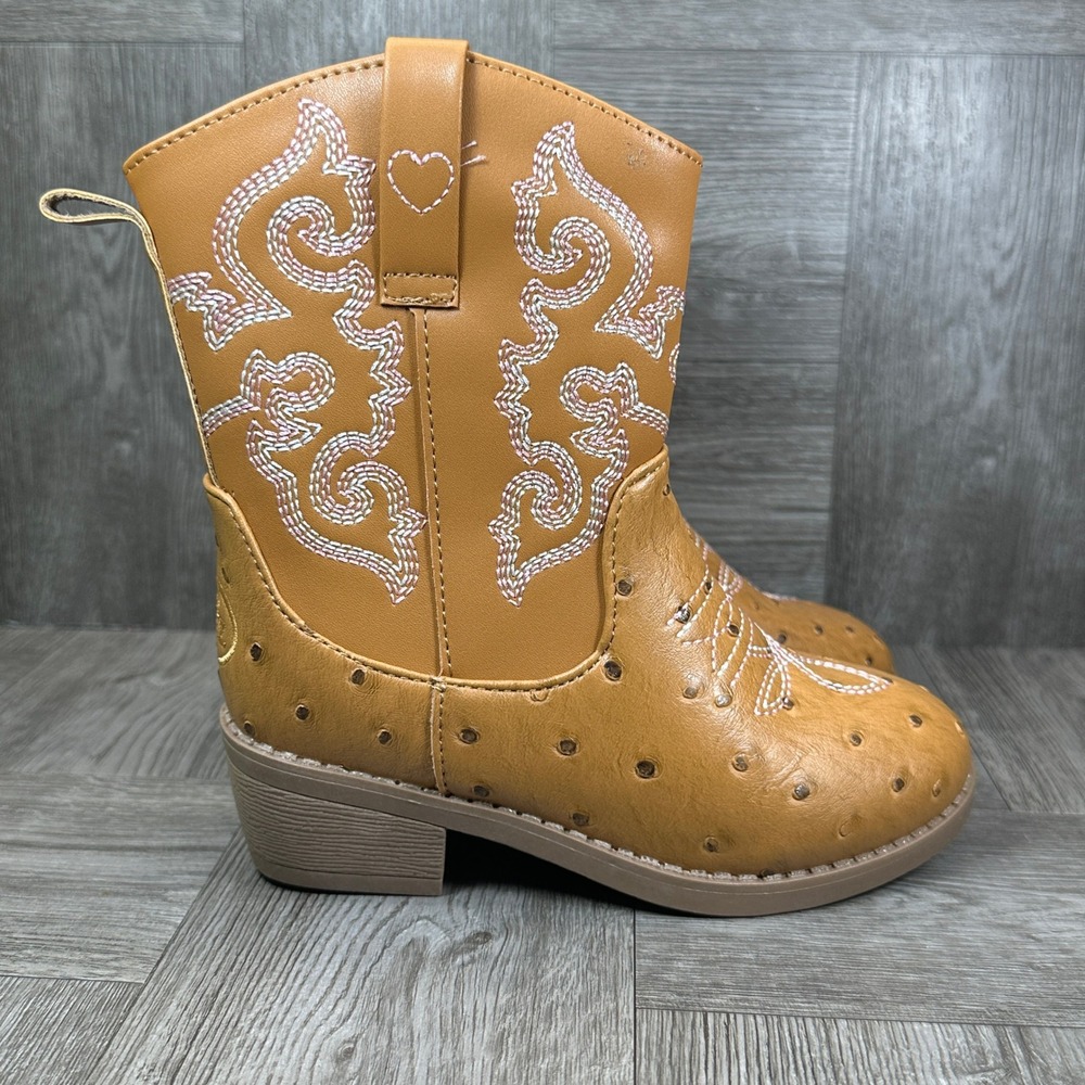 Pawz Western Boots Kids Size 10 Brown Ostrich Print Embroidered Zipper NEW